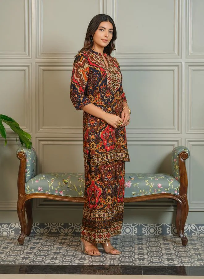 دي دبليو طقم منسق من بلوزة وبنطال بالازو بطبعة أجراك للنساء